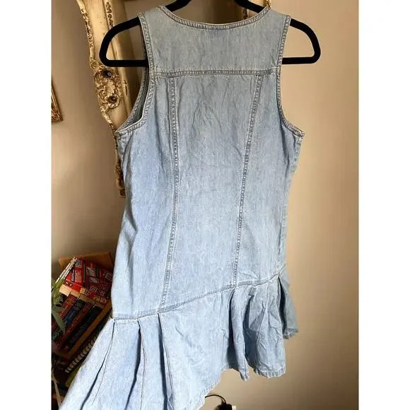 Vintage 1990's Light Denim Jean Ruffle Mini Dress Medium Western Coastal Cowgirl - Picture 5 of 5